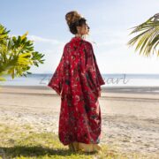 Red Floral Velvet Kimono Robe: Boho Maxi Coat - Mai - Image 3