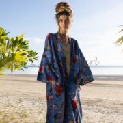 Handmade Cotton Velvet Kimono: Floral Print Maxi Coat - Mai - Image 4