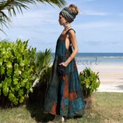 Patchwork Cotton Overalls Dress: Handmade Boho Maxi Pinafore - Binsa - Image 2