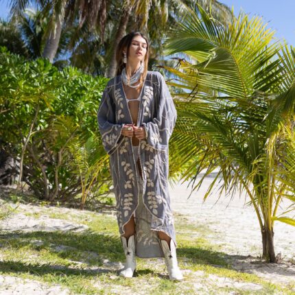 Handmade Embroidered Cotton Kimono: Maxi Duster, Flare Sleeves - Hoja