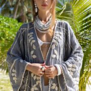 Handmade Embroidered Cotton Kimono: Maxi Duster, Flare Sleeves - Hoja - Image 5