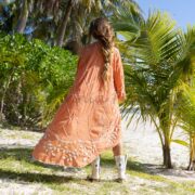 Handmade Embroidered Cotton Kimono: Maxi Duster, Flare Sleeves - Hoja - Image 3