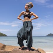 Plus Size Boho Harem Pants: Raw Cotton River Moss Green Festival Outfit - Ira