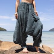 Plus Size Boho Harem Pants: Raw Cotton River Moss Green Festival Outfit - Ira - Image 4