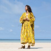 Cotton Velvet Kimono Coat: Floral Print Maxi Duster with Pockets - Mai