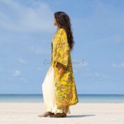 Cotton Velvet Kimono Coat: Floral Print Maxi Duster with Pockets - Mai - Image 2