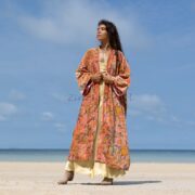 Cotton Velvet Kimono Coat: Floral Print Maxi Duster with Pockets - Mai