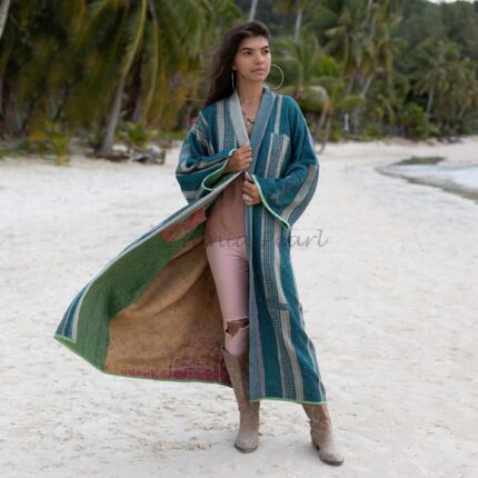 Reversible Quilted Kimono Duster: Vintage Boho Cotton Coat - Sakura