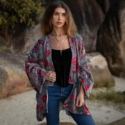 Floral Cotton Velvet Kimono: Handmade Boho Short Robe - Mei - Image 4