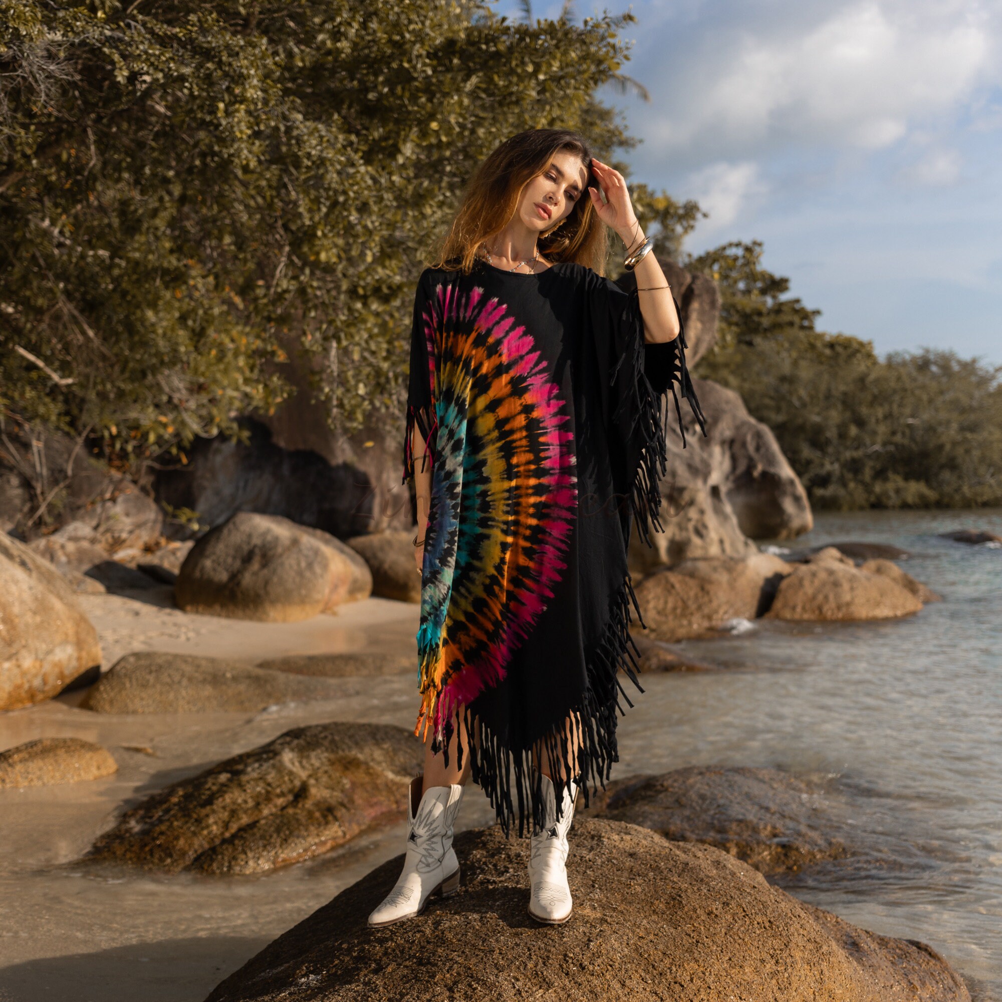 il_fullxfull.5614005726_25y7.jpg Tie-Dye Festival Poncho Tunic Dress: Boho Fringe Cotton Cover-Up - Arlo - Image 1
