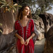 Handmade Embroidered Cotton Kaftan Dress: Beach Coverup Tunic - Oceano - Image 5