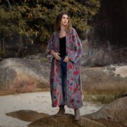 Floral Cotton Velvet Kimono: Maxi Boho Duster with Pockets - Mai