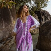 Handmade Embroidered Cotton Kaftan Dress: Beach Coverup Tunic - Oceano - Image 4
