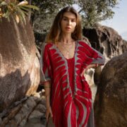 Handmade Embroidered Cotton Kaftan Dress: Beach Coverup Tunic - Oceano - Image 6