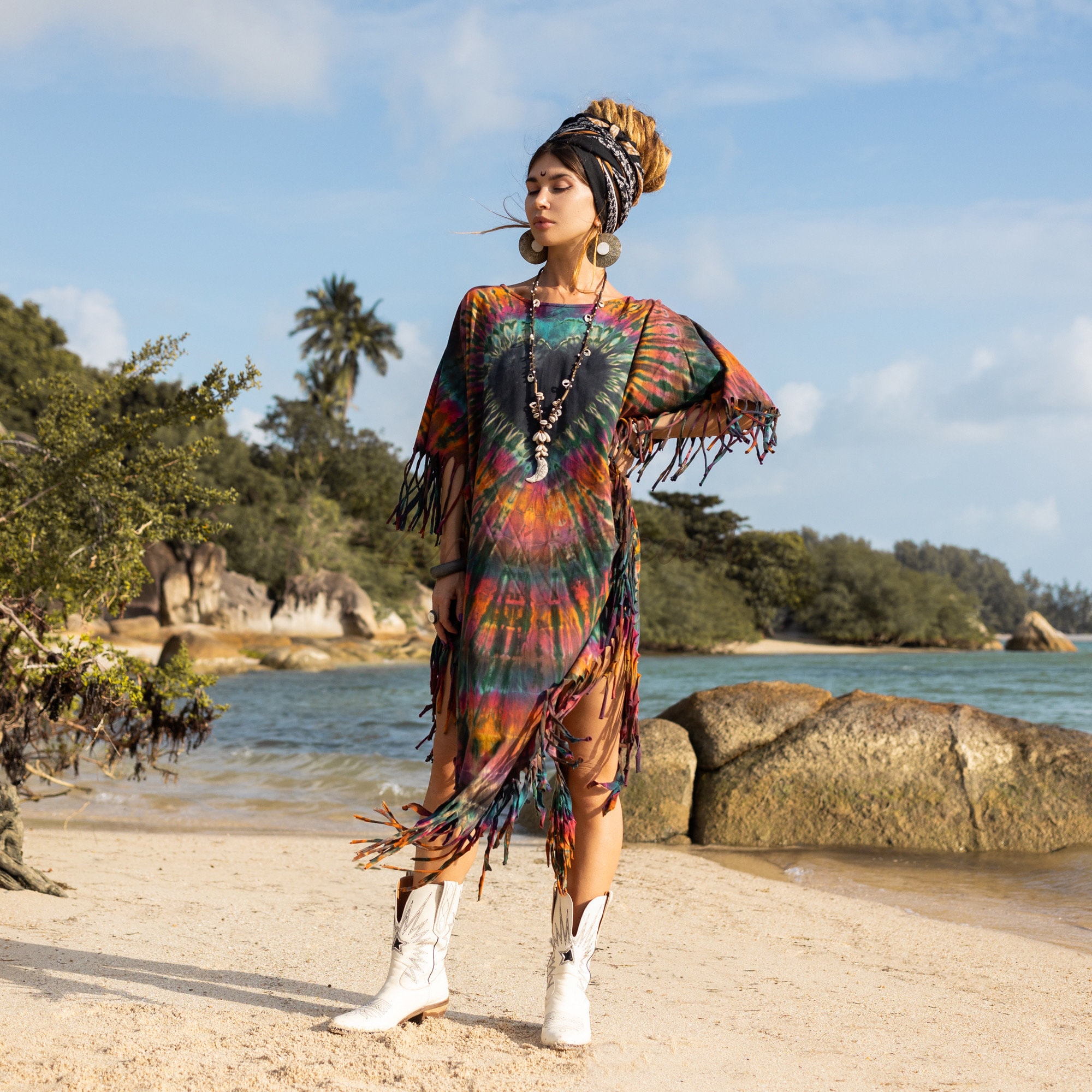 il_fullxfull.5712260978_5jd2.jpg Handmade Tie-dye Cotton Kaftan Poncho with Fringe - Boho Festival Dress - Arlo - Image 1