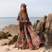 Silky Boho Kimono Duster: Ruffled Maxi Robe, Beach Cover-Up - Cara