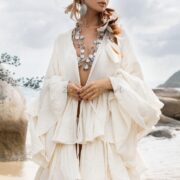 Cotton Boho Kimono Jacket – Plus Size Sandshell Bali Ruffle Duster Coat, Lightweight Handmade Festival Layer for Beach, Wedding, Photoshoot - Image 10