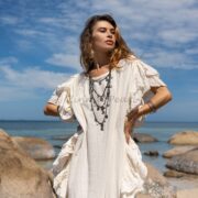 Boho Wedding Kaftan Dress: Ruffled Sleeve Raw Cotton Maxi Gown - Ema - Image 4