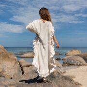 Boho Wedding Kaftan Dress: Ruffled Sleeve Raw Cotton Maxi Gown - Ema - Image 3
