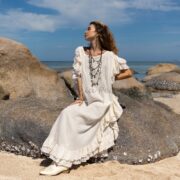 Boho Wedding Kaftan Dress: Ruffled Sleeve Raw Cotton Maxi Gown - Ema - Image 5