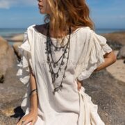 Boho Wedding Kaftan Dress: Ruffled Sleeve Raw Cotton Maxi Gown - Ema - Image 6