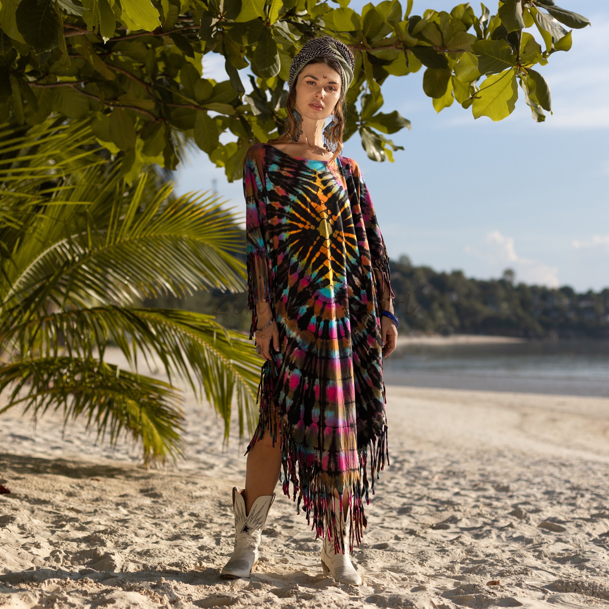 il_fullxfull.5918440932_mrfx.jpg Handmade Tiedye Cotton Tunic Dress: Boho Fringe Festival Kaftan - Arlo - Image 1