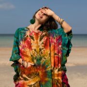 Handcrafted Tie-Dye Kaftan Dress: Ruffled Sleeve Jersey Cotton Tunic - Mystic - Image 4