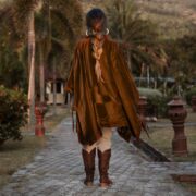 Deana Velvet Poncho: Boho Cotton Velvet Pullover with Henley Collar - Bosco - Image 3