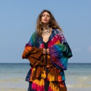 Handmade Tiedye Raw Cotton Kimono Duster: Ruffle Boho Festival Wear - Bali - Image 5