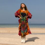 Handcrafted Tie-Dye Cotton Dress: Ruffle Sleeves, Plus Size Kaftan - Mystic