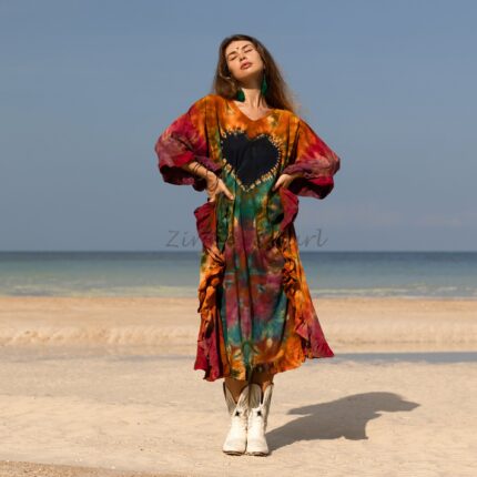 Handcrafted Tie-Dye Cotton Dress: Ruffle Sleeves, Plus Size Kaftan - Mystic