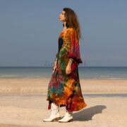 Handcrafted Tie-Dye Cotton Dress: Ruffle Sleeves, Plus Size Kaftan - Mystic - Image 2