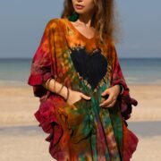 Handcrafted Tie-Dye Cotton Dress: Ruffle Sleeves, Plus Size Kaftan - Mystic - Image 3