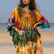 Handcrafted Tie-Dye Tunic Dress: Ruffled Sleeve Jersey Cotton Kaftan - Mystic - Image 4