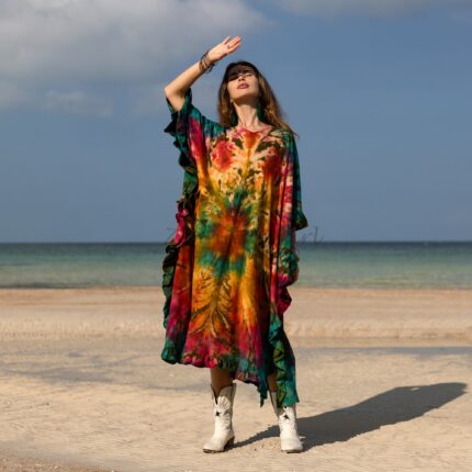 Handcrafted Tie-Dye Kaftan Dress: Ruffled Sleeve Jersey Cotton Tunic - Mystic