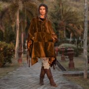 Deana Velvet Poncho: Boho Cotton Velvet Pullover with Henley Collar - Bosco