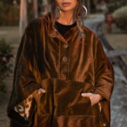 Deana Velvet Poncho: Boho Cotton Velvet Pullover with Henley Collar - Bosco - Image 4