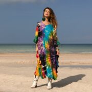 Handcrafted Tie-Dye Tunic Dress: Ruffle Sleeves, Boho Kaftan -Mystic