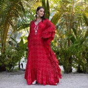 Red Ruffle Trimmed Modal Silk Kaftan: Boho Maxi Dress - Wild Heart - Image 4