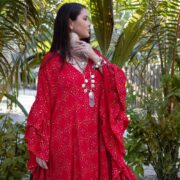 Red Ruffle Trimmed Modal Silk Kaftan: Boho Maxi Dress - Wild Heart - Image 5