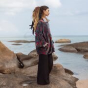 Indigo Peony Velvet Kimono Robe: Boho Floral Cotton Jacket - Mei - Image 2