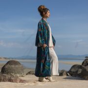 Velvet Kimono Coat: Floral Print Cotton Maxi Robe - Mai - Image 2