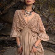 Boho Lace Kaftan Maxi Dress: Sandy Beige Cotton Summer Outfit - Lunette - Image 6