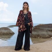 Garnet Rose Velvet Kimono Robe: Boho Floral Cotton Jacket - Mei