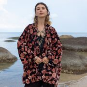 Garnet Rose Velvet Kimono Robe: Boho Floral Cotton Jacket - Mei - Image 4