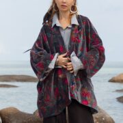 Indigo Peony Velvet Kimono Robe: Boho Floral Cotton Jacket - Mei - Image 5