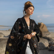 Boho Embroidered Denim Kimono Duster: Kosmos Stonewash Tie-Dye - Kosmos - Image 4