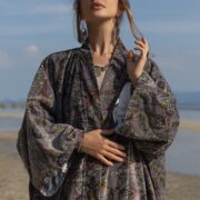 Cotton Velvet Kimono Coat: Floral Print Maxi Duster with Pockets - Mai - Image 4