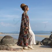 Cotton Velvet Kimono: Boho Floral Print Maxi Coat - Kalina - Image 2