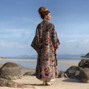 Cotton Velvet Kimono: Boho Floral Print Maxi Coat - Kalina - Image 3